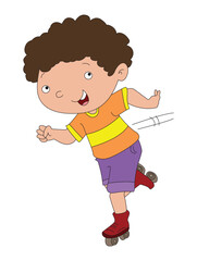 Cute boy roller skating on white background