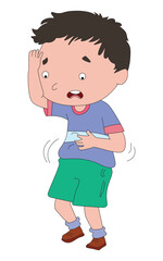 The boy stands and cries