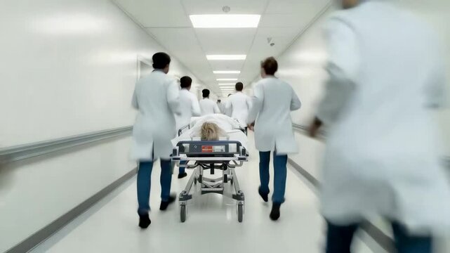Medical team rushing patient on gurney through bright hospital corridor in emergency response