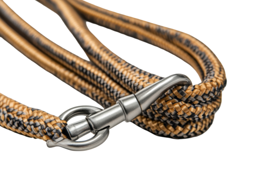 Brown nylon dog leash with metal clasp isolated on transparent background. Durable nylon dog leash featuring a strong metal carabiner isolated on white background.