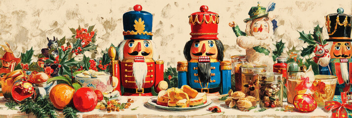 Colorful nutcrackers stand guard on a festive table adorned with bright oranges, ornaments, and holiday decor, capturing the spirit of retro Christmas celebrations, banner