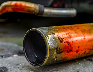 Abstract closeup of a part of a catalytic converter spray painted with bright orange paint isolated on a dark background. Automotive design element.