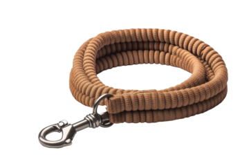 Brown nylon dog leash with metal clasp isolated on transparent background. Durable nylon dog leash featuring a strong metal carabiner isolated on white background.
