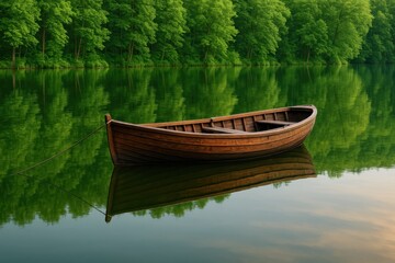 A solitary wooden rowboat adrift on serene lake waters mirroring lush forest scenery