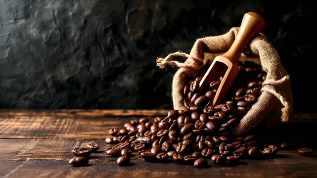 A closeup shot of coffee beans spilling out of a burlap sack onto a wooden surface. The beans are a rich brown color, and the sack is a light beige with a rustic texture.