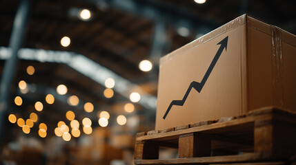 Supply Chain Growth: A cardboard box, emblazoned with a rising arrow, rests on a pallet within a bustling warehouse.
