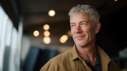 Elderly director pausing to smile at faded lighting rigs, eyes reflecting memories — symbolizing gratitude, legacy building, emotional reflection in art, and honoring the personal journey of