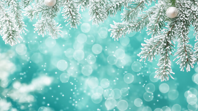Frosted pine branches with snowflakes on icy turquoise background  