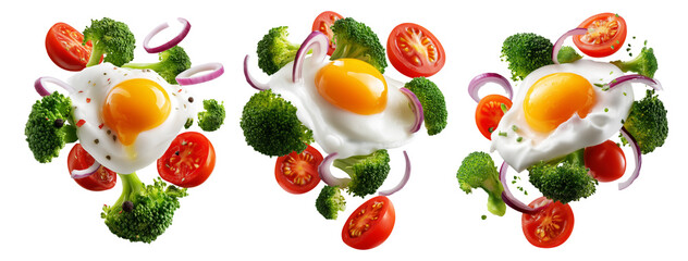 Fried egg, broccoli florets, cherry tomatoes, and onion rings floating mid-air, isolated on white transparent background