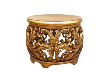Ornate antique gold carved barrel stool isolated on transparent background.