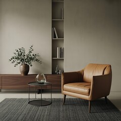 Modern Living Room with Leather Armchair and Bookshelf