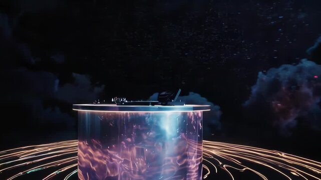 Futuristic DJ setup in a surreal cosmic scene with swirling lights