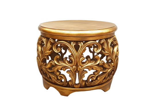 Ornate antique gold carved barrel stool isolated on transparent background.
