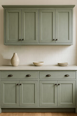 modern farmhouse kitchen with muted green painted shaker-style cabinets and dark brass hardware. A minimalist simple design. interior rendering. beautiful decor ideas background.