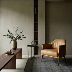 Modern Living Room with Leather Armchair and Eucalyptus