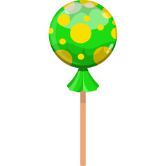 A single green lollipop with yellow polka dots on a wooden stick against a white background and a transparent background cutout