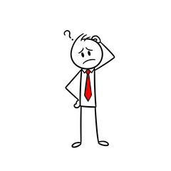 Obraz premium Confused stick figure man in a suit with a red tie scratching head 