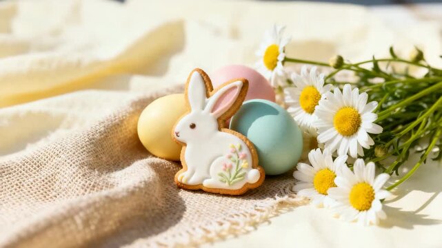 Easter bunny cookie with pastel eggs and daisies on fabric backdrop  