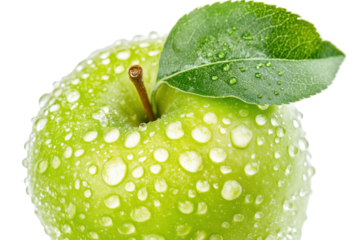 Fresh green apple covered in water droplets isolated on transparent background. Fresh green apple with dew and leaf isolated on white background.