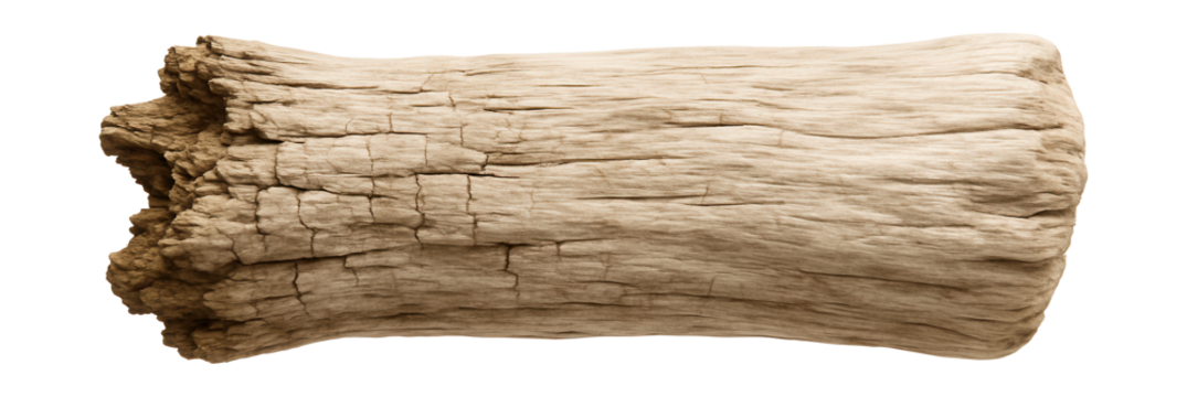 Sun-bleached cypress log featuring a textured, fragmented surface.