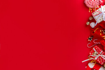 Red and white Christmas, New Year background with christmas tree balls and decorations, holiday...