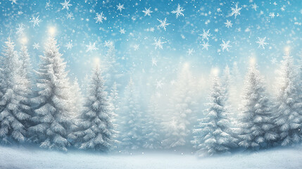 Winter snowy landscape with evergreen trees and falling snowflakes  