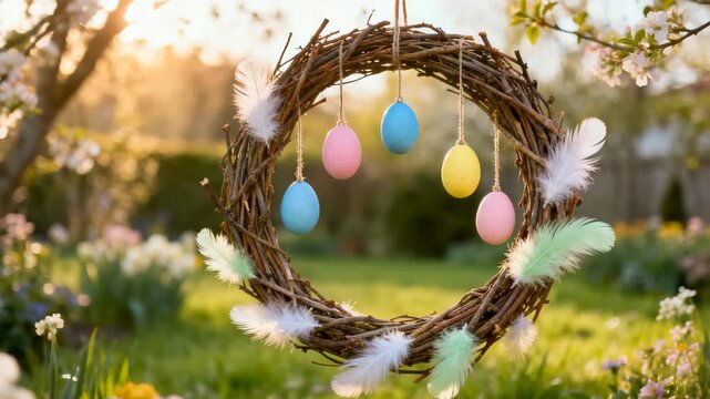 Easter wreath with colorful eggs and feathers hanging in garden  