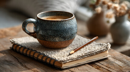 Notepad with pencil and coffee cup flatlay, cozy morning writing routine, productivity or journaling branding shot