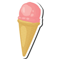 A Single Pink Ice Cream Scoop in a Golden Waffle Cone with a White Outline on a Transparent Background