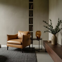 Modern Living Room with Tan Leather Armchair and Decor