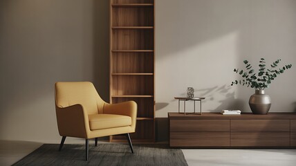 Modern Living Room with Yellow Armchair and Wooden Furniture