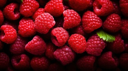 A vibrant arrangement of fresh raspberries, showcasing their rich red color and plump texture.