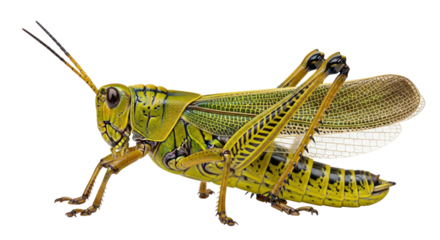 Detailed Macro View of a Green and Yellow Grasshopper isolated on a transparent background insect