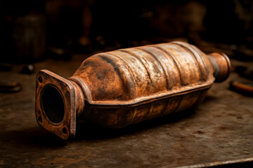 a rusty, used automotive catalytic converter, an exhaust component that reduces harmful emissions before they exit a vehicle's tailpipe. 
