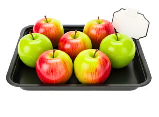 Assortment of fresh red and green apples in a black tray isolated on transparent background