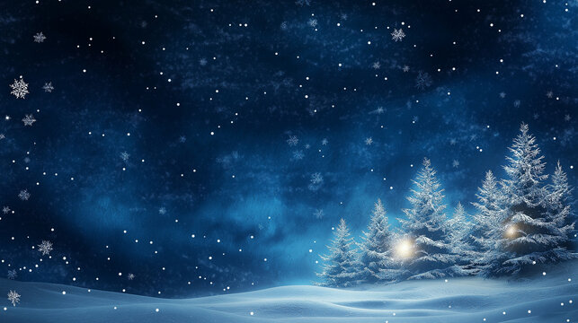 Snowy winter landscape with evergreen trees under starry night sky   - Powered by Adobe