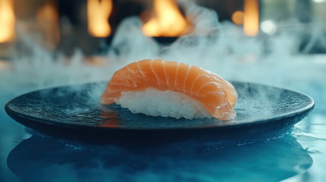 A sushi nigiri, salmon over rice, sits on a dark plate amidst swirling, cool vapor. A warm background - Powered by Adobe
