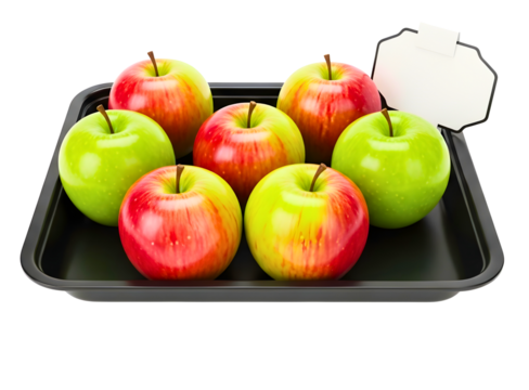 Assortment of fresh red and green apples in a black tray isolated on transparent background