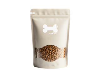 White stand up pouch with clear window filled with dog food isolated on transparent background