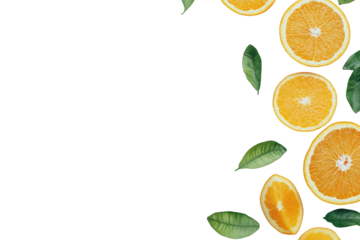 Fresh orange slices and leaves isolated on transparent background. Freshly sliced orange fruit isolated on white background.