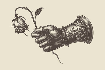 Unique hand-drawn vector of a knight’s armored hand holding a rose, symbolizing power and romance, ideal for tattoo design or fantasy art.