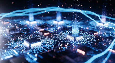 Dynamic circuit board with glowing blue data streams and intricate pathways, symbolizing innovation and digital transformation in technology.