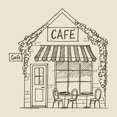 Charming hand-drawn vector of a vintage cafe storefront with outdoor seating, perfect for logo design, posters, or restaurant branding.