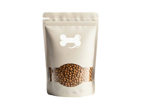 White stand up pouch with clear window filled with dog food isolated on transparent background
