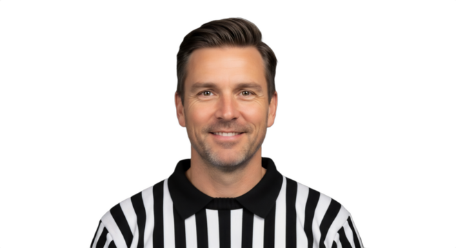 Smiling 40s Caucasian man, professional hockey official in striped sweater, isolated on transparent background. Perfect for sports news, referee profiles, coaching materials, event promotions,