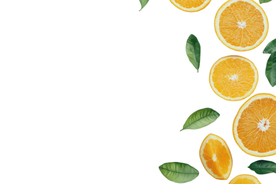 Fresh orange slices and leaves isolated on transparent background. Freshly sliced orange fruit isolated on white background.