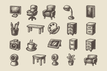Hand-drawn vector icon set of office and home furniture, including desks, lamps, and chairs, ideal for UI design, infographics, or interior concept art.