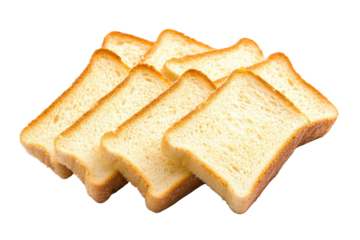 Stack of sliced white bread isolated on transparent background. Freshly toasted slices of bread in a toaster isolated on white background.