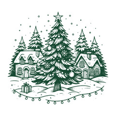 Charming hand-drawn winter village vector illustration with pine trees and houses, ideal for Christmas prints or greeting cards.