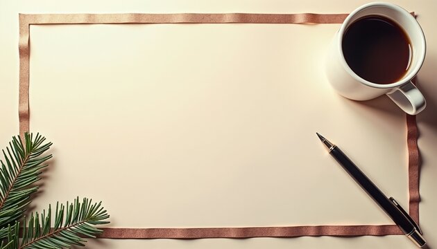 Cozy flat lay design with blank paper bordered by copper ribbon, coffee cup, and pen, inviting atmosphere, copy space - Powered by Adobe